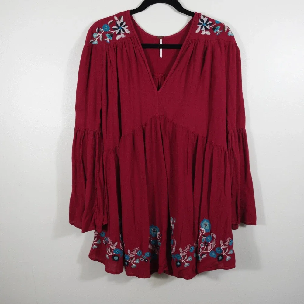 Free People Te Amo Red Embroidered Bell Sleeve Dress Women Size M Boho Hippie